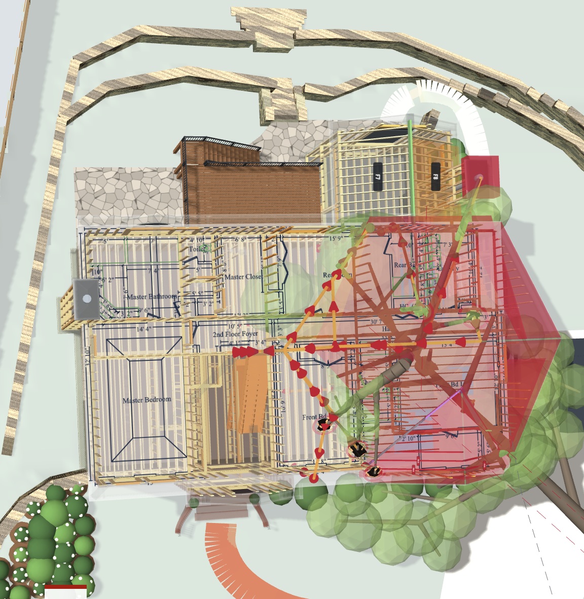 3D structural model showing tree-impact roof damage and load-path arrows