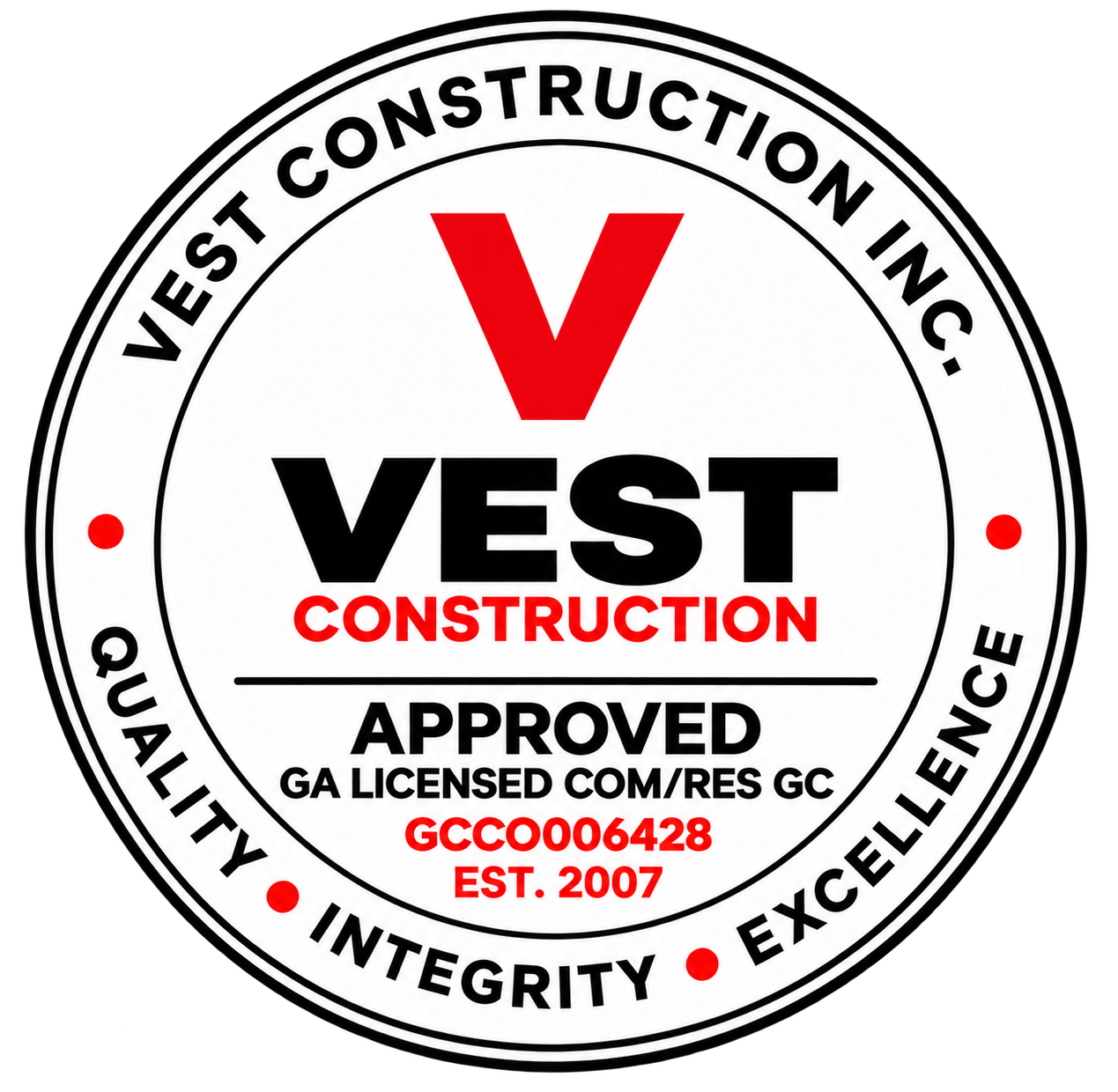 Vest Construction Inc. general contractor credential stamp, GCCO006428